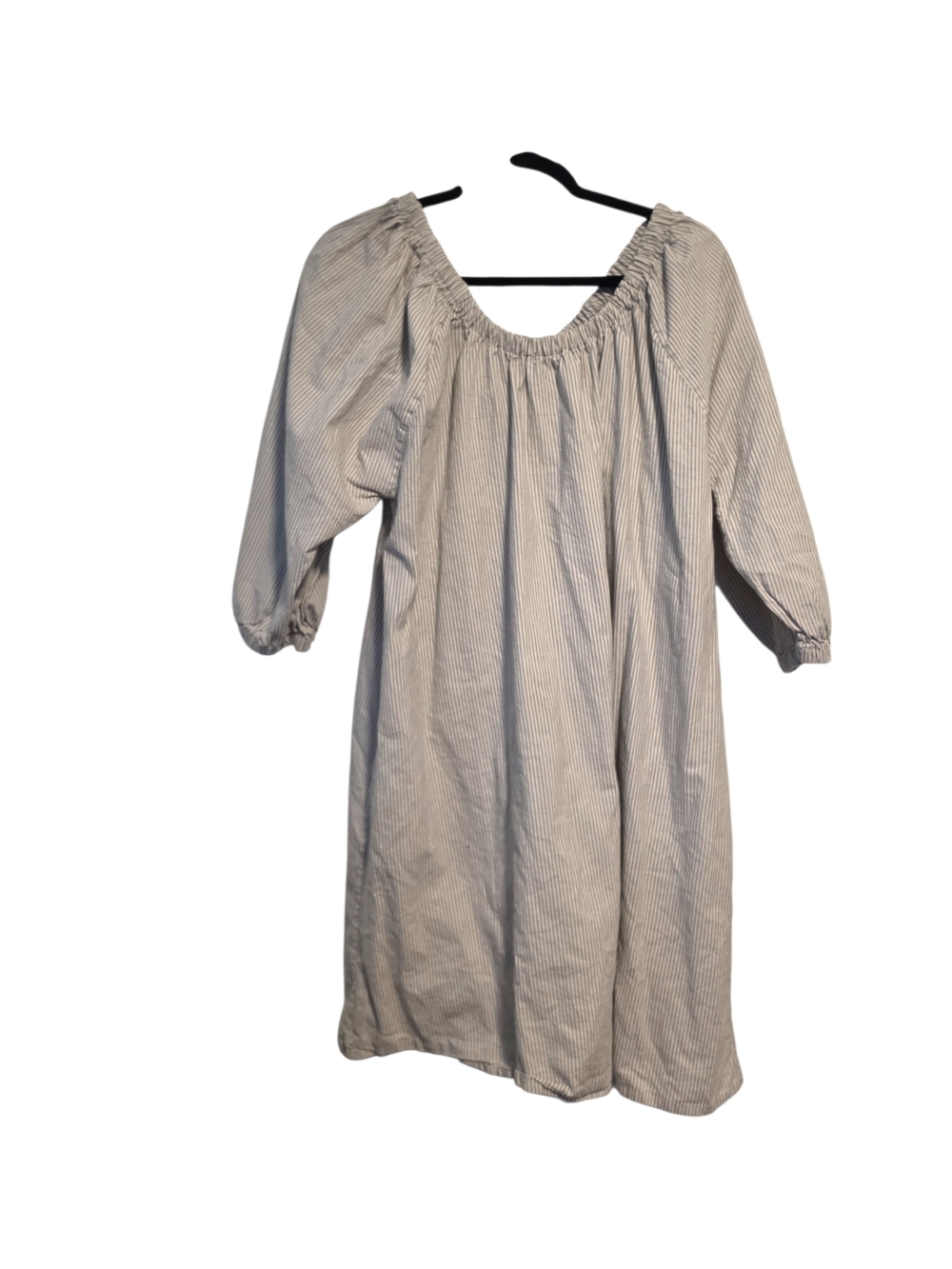 Evolverie Striped Smocked-Neck Cotton Dress White & Gray Size Large